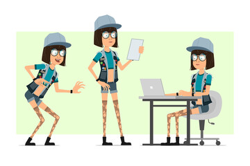 Cartoon flat funny hipster girl character in trucker cap, glasses and jeans shorts. Ready for animation. Girl sneaking, reading note and working on laptop. Isolated on olive background. Vector set.