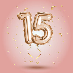 Luxury Pink Greeting celebration fifteen years birthday Anniversary number 15 foil gold balloon. Happy birthday, congratulations poster. Golden numbers with sparkling golden confetti - obrazy, fototapety, plakaty