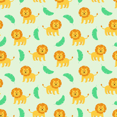 Tropical cute seamless pattern with wild animal lion and palm leaves. Scandinavian style. Vector illustration