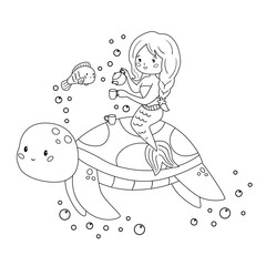 Coloring book for children. Cute cartoon mermaid rides on the turtle. Mermaid hold a tea pot and a cup. Vector kawaii characters.