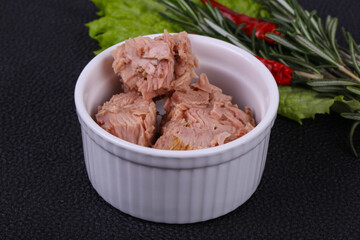 Tasty canned tuna fish in the bowl