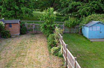 The grass is always greener on the other side - two neighboring gardens, one with fresh and lush...