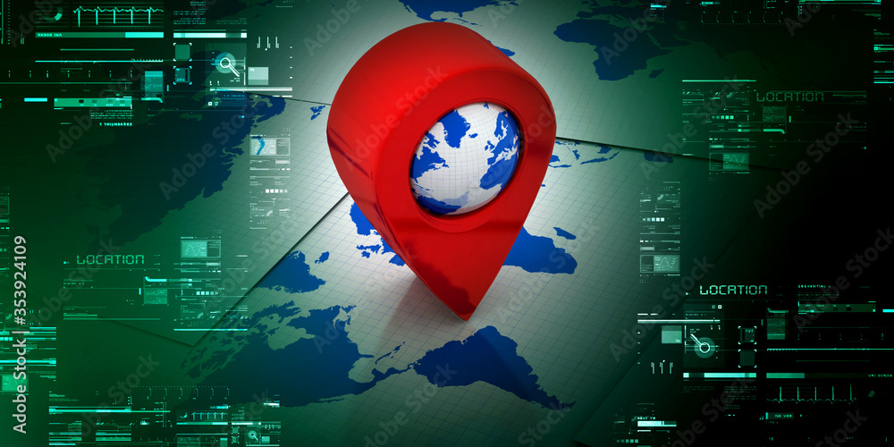Fototapete 3d rendering red map pointer