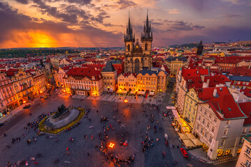 Sunset view of Prague Old Town Square and Church of Mother of God before Tyn in Prague. Czech Republic. Architecture and landmark of Prague.