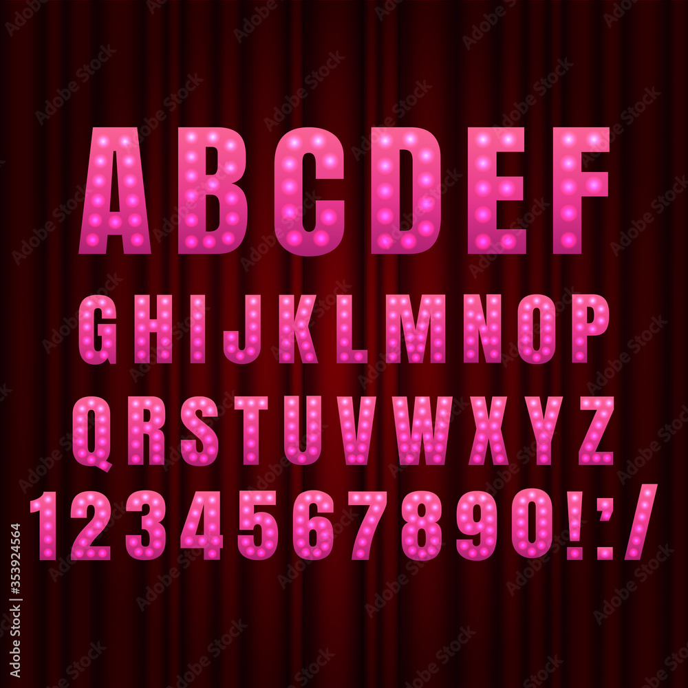 Fototapete pink realistic retro gold lamp font letters. broadway style light bulb alphabet in vintage casino an