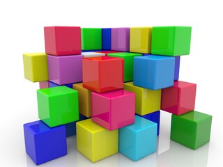 Toy blocks of different colors are stacked on top of each other on white