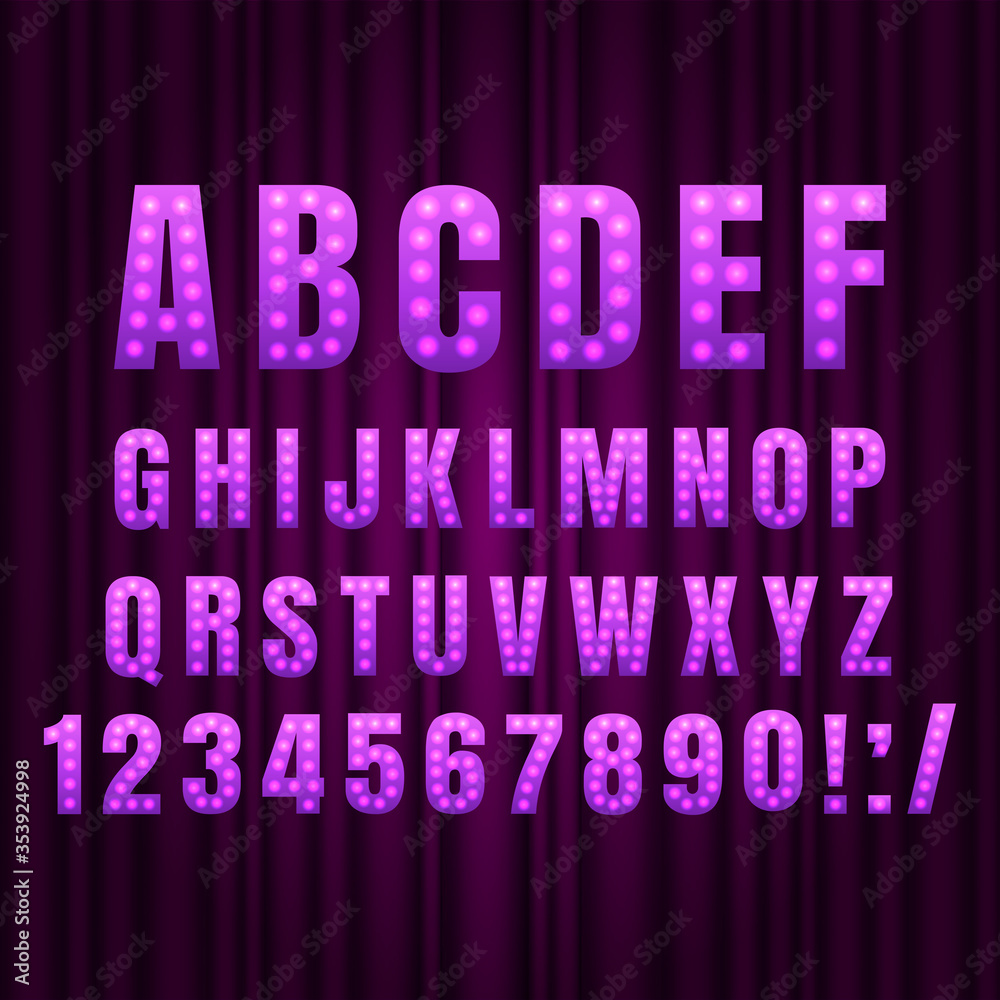 Fototapete purple realistic retro gold lamp font letters. broadway style light bulb alphabet in vintage casino 