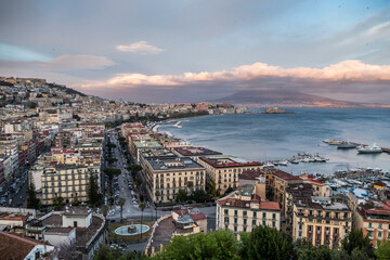 Aerial view of Naples and his gulf at sunset with beautiful colors
