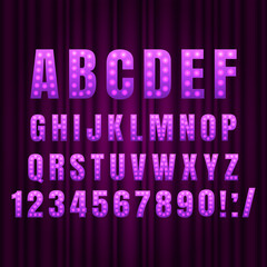 Purple Realistic retro gold lamp font letters. Broadway style light bulb alphabet in vintage casino and slots style. Vector shine symbols with light and sparkles on curtains background show style