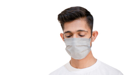 Asian man eyes closed wearing protective mask and thinking about how to fight against corona virus covid 19 brown man wearing surgical mask to prevent from virus white background grey face mask