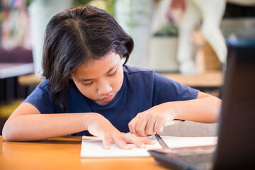 Child Girl Doing  Online Homework