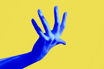 Blue hand gesture on yellow background poster. Beautiful fingers.