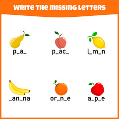Write the missing letter. Worksheet for education. Fill in the missing letter. Mini-game for children.