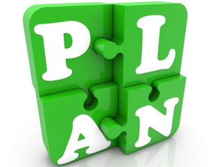 PLAN concept on green puzzle pieces