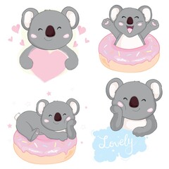 Cute gray koala in differet poses set: sitting, climbing the tree, with a baby. Vector illustration cartoon animal. Isolated on white