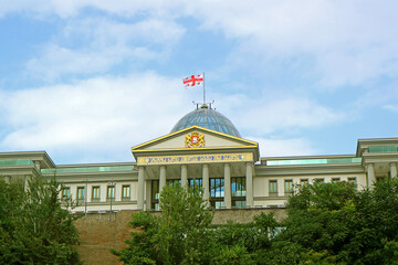 The Georgian National Flag Waving on the Glassed Dome of the Ceremonial Palace of Georgia, Tbilisi,...