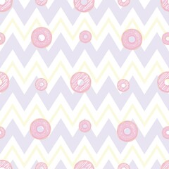 Donuts with pink icing. Seamless white pattern. Background for cafes, restaurants, coffee shops, catering. Design texture for menu, booklet, banner, website. Vector illustration.