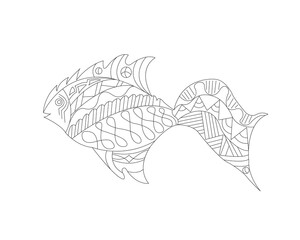 Black and white, linear illustration of a fish in the zentangle style
