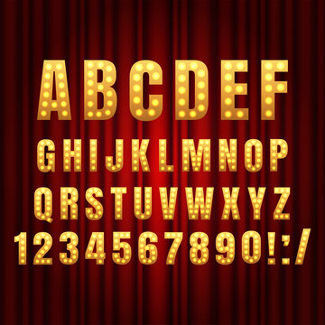 Realistic retro gold lamp font letters. Broadway style light bulb alphabet in vintage casino and slots style. Vector shine symbols with golden light and sparkles on red curtains background show style
