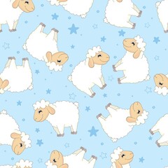 Seamless pattern of counting sheep to fall asleep. Cartoon happy jumping sheep for baby. Vector background