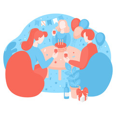 Birthday celebration Concept. Cartoon People with glasses of wine and cake with candles during party. Holiday decoration Confetti, flags and balloons.