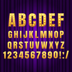 Realistic retro gold lamp font letters. Broadway style light bulb alphabet in vintage casino and slots style. Vector shine symbols with golden light and sparkles on purple curtains background show