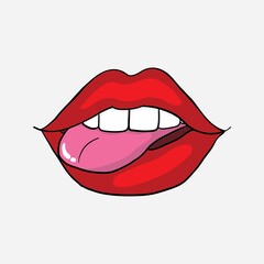 Female bright purple lips badge. Glossy lips icon on white background, vector illustration