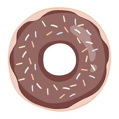 Cartoon colorful tasty donut isolated on white background. Chocolate glazed doughnut top view for cake cafe decoration or menu design. Vector flat isolated illustration