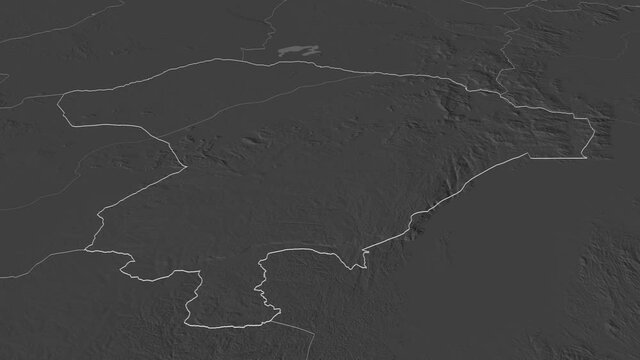 Iringa, region with its capital, zoomed and extruded on the bilevel map of Tanzania in the conformal Stereographic projection. Animation 3D