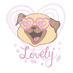 Cute puppy pug on a white background wants to play, vector card