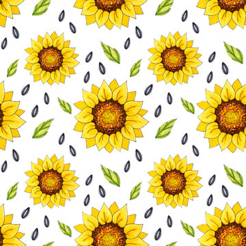 Seamless patterns with bright sunflowers on a white background. These images are suitable for creating home textiles, wallpapers, backgrounds and decor.