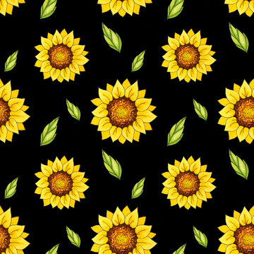 Seamless patterns with bright sunflowers on a black background. These images are suitable for creating home textiles, wallpapers, backgrounds and decor.