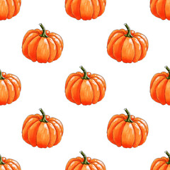 Seamless pattern with bright orange pumpkins on white background