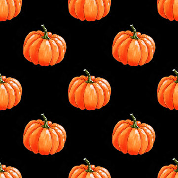 Seamless pattern with bright orange pumpkins on black background