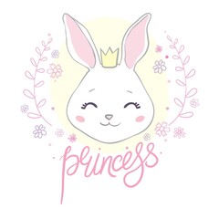 Cute bunny princess. Rabbit girl with crown. Vector illustration for kids