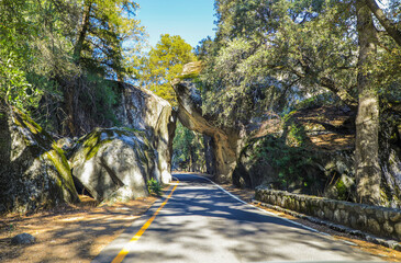 Driving through the natural stone tunnel in Yosemite National Park