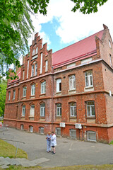 SOVETSK, RUSSIA. Fragment of the building of the central city hospital (former House of the Poor, 1908). Kaliningrad region