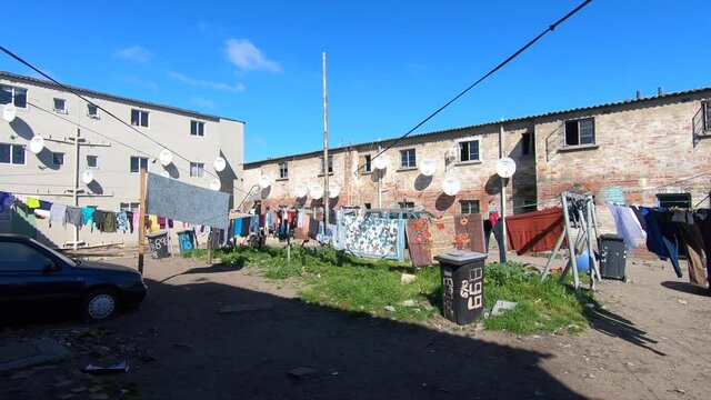 Clothes hanging in the shared hostels of the township of Langa in Cape Town, South Africa 