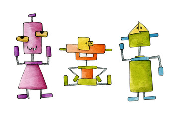 Hand painted watercolor funny robots