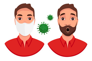 Fototapeta premium Man in the mask and Man without mask. Cartoon character vector illustration. Covid-19 coronavirus.