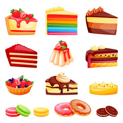 Cakes collection isolated on white background. Vector cartoon illustration. Desserts icons and cafe design elements set