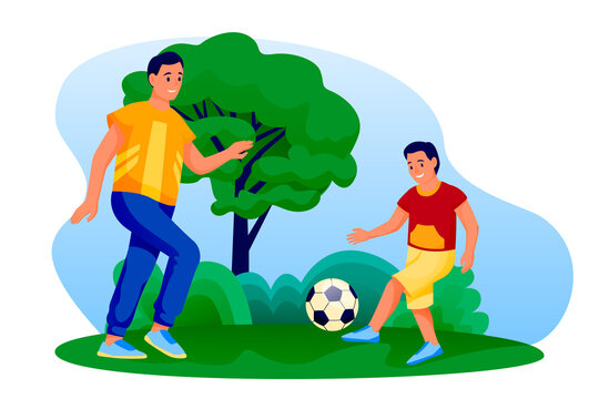 Father and son play soccer outdoors. Dad and boy playing football. Vector flat cartoon people characters illustration