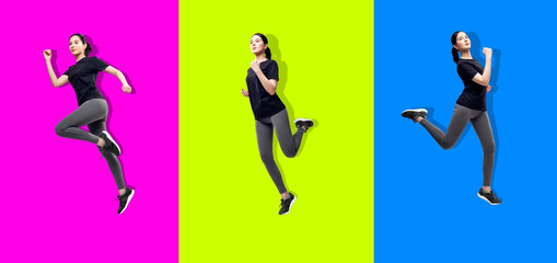 Collage of young woman in sportswear running in the air.