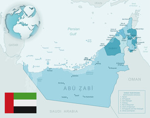 Blue-green detailed map of United Arab Emirates administrative divisions with country flag and location on the globe.