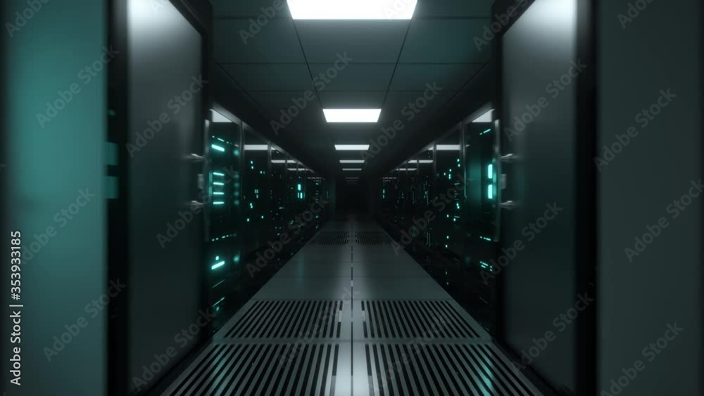 Poster endless flight along server blocks. data center and internet. server rooms with working flickering p