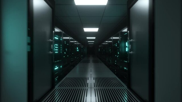 Endless flight along server blocks. Data center and internet. Server rooms with working flickering panels behind the glass. Technology corridor. Seamless loop 3d render