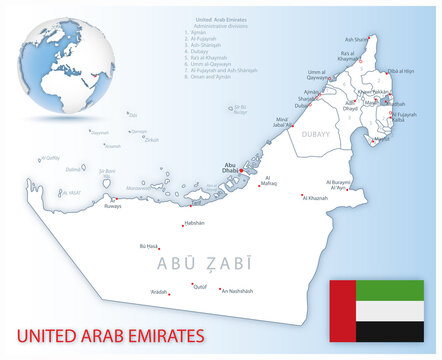 Detailed United Arab Emirates administrative map with country flag and location on a blue globe.