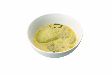Green Curry with Fish Ball and Winter Melon Isolated on White Background. It is a famous Traditional Thai Recipe.
