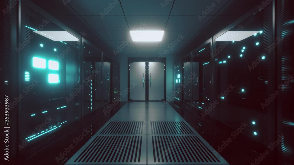 Poster endless flight along server blocks. data center and internet. server rooms with working flickering p