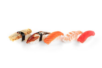 Isolated nigiri  Sushi set. White background.